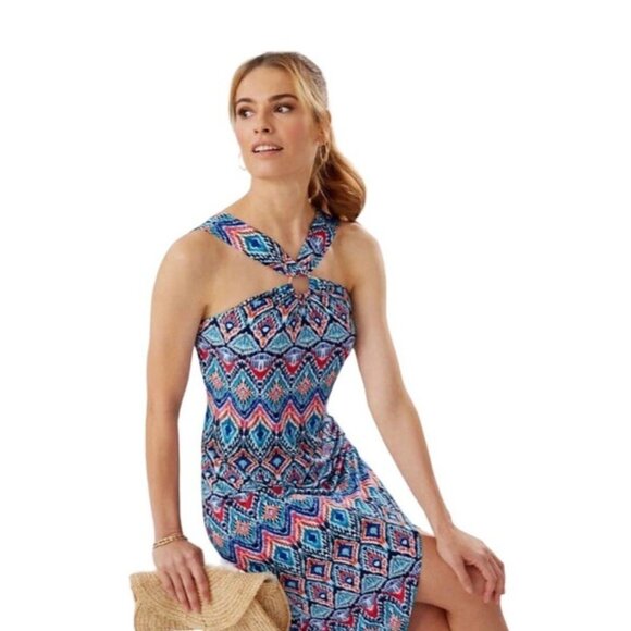 Tommy Bahama NEW Halter Prima Peacock Midi Dress Blue Island Size XL - Picture 2 of 8
